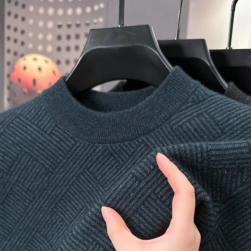 

Thickened jacquard sweater men's autumn and winter new round neck solid color pullover knitted bottoming shirt top long sleeve