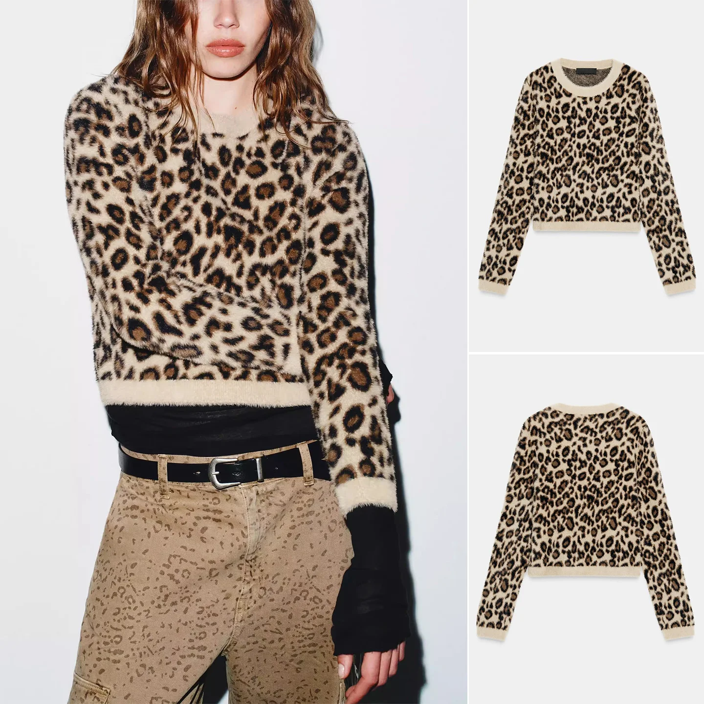 

Winter Women's Knitted Sweater Long Sve round Ne Animal Print Artificial Fur Effect Polyester Casual Comfortable Top