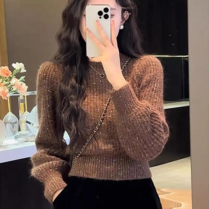 Korean Fashion Autumn Winter Women Solid O-Neck Bright Silk Screw Thread Pullover Sweater Fleece Thicken Long Sleeve Knitted Top