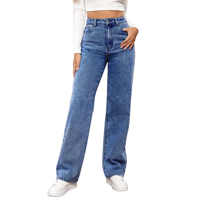 Stretch Washed Denim Women\'s Trousers Fashionable and Versatile Straight-leg Jeans Pants 2023 New European and American