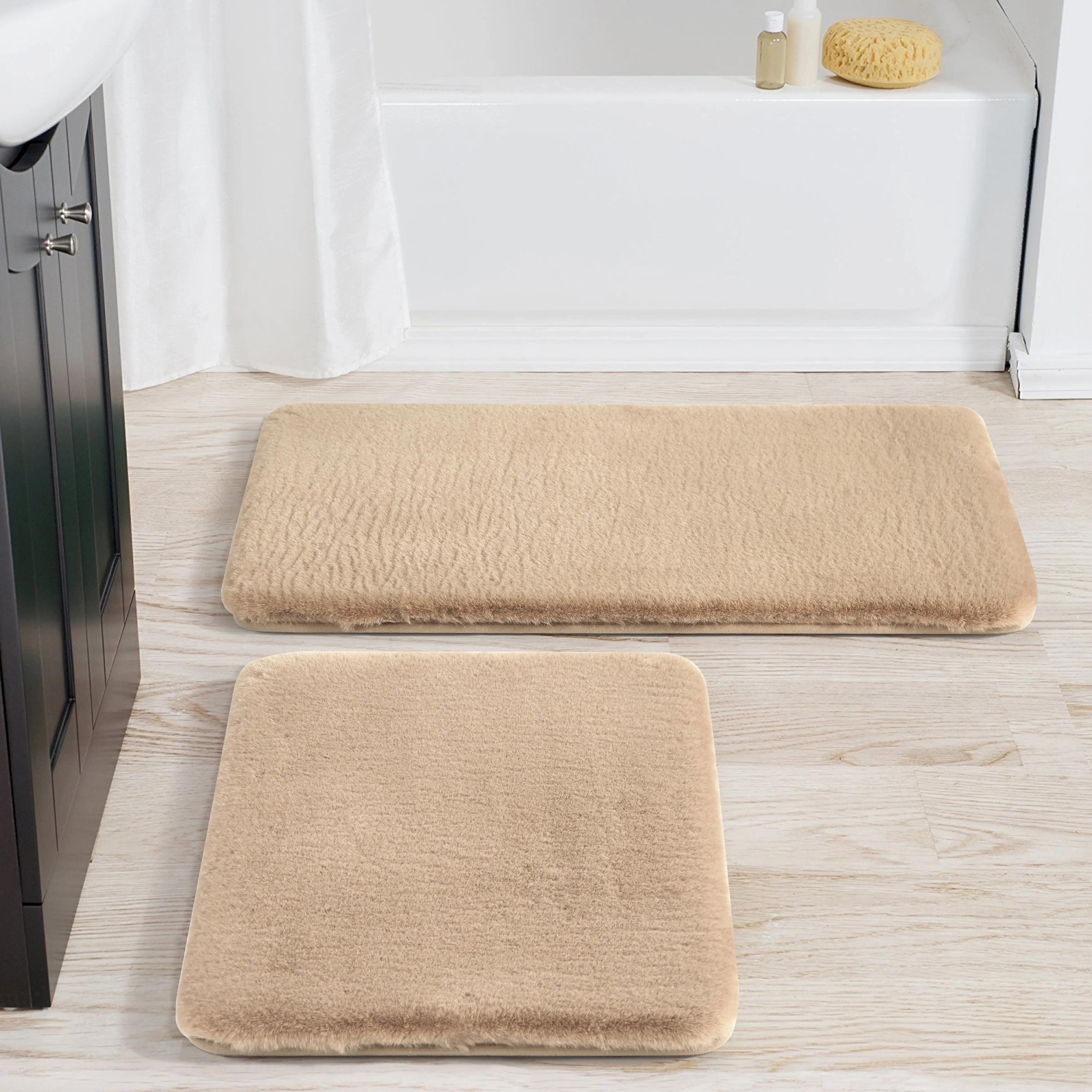 

2 Piece Faux Fur Bath Rug Set Brown Polyester Non-slip Backing for Securing Footing and Added Safety