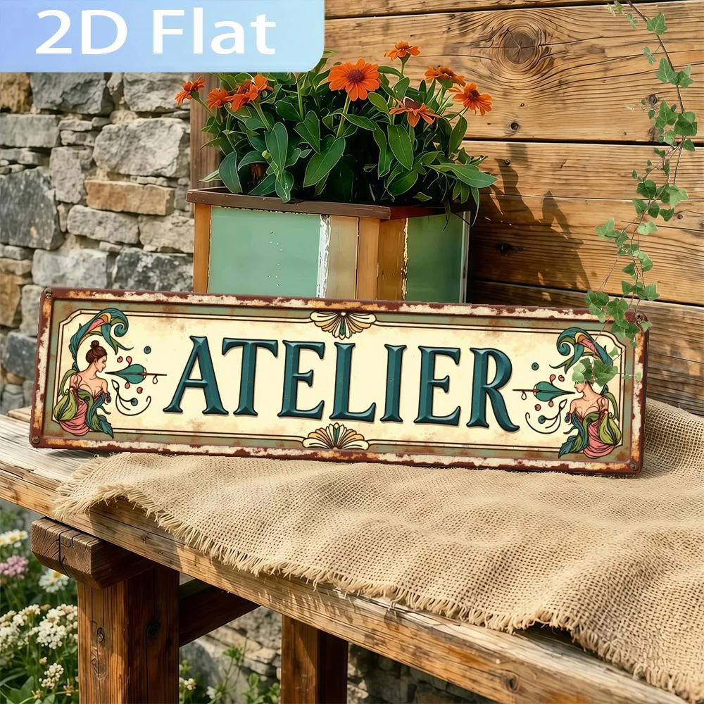 A 2D Flat Metal Wall Hanging Featuring a Rustic Decorative Sign: ATELIER Design , Perfect for Farmhouse Decor