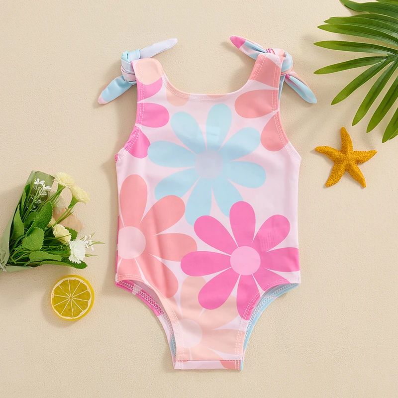 Baby Girl Swimsuit Floral Print Sleeveless Knotted Shoulder Strap U-Neck  Bathing Suit