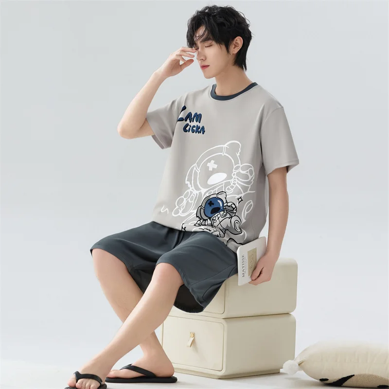 Cotton Men's Pajamas Set Summer Short Sleeves Sleeping Top Shorts Homewear Young Boy Pjs Pyjamas Homme O Neck Sleepwear