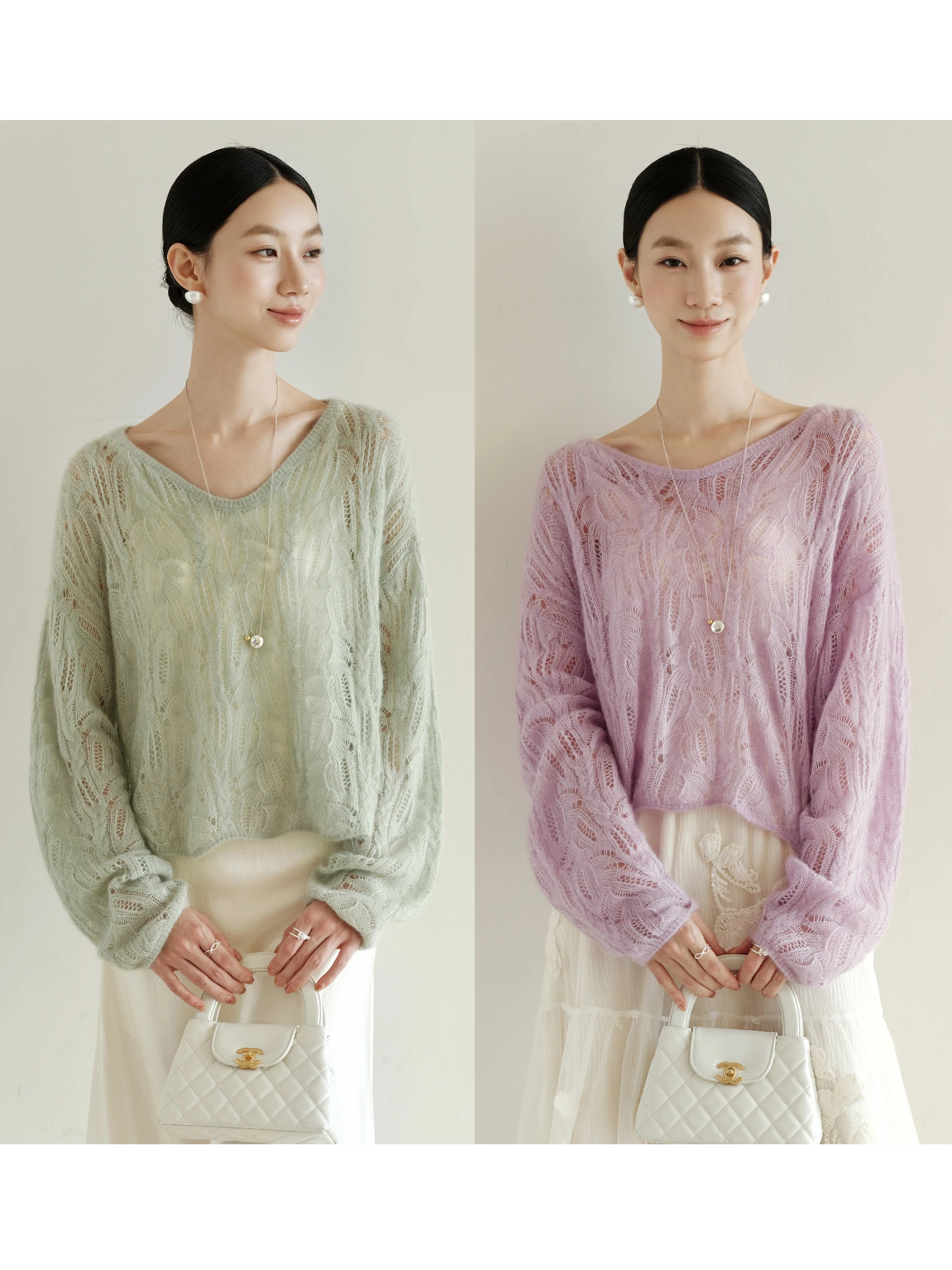 

Мягкий пушистый свитер Ji Qirui 505 Camere для ранней осени, с круглым вырезом, ажурный, нежный, свободного кроя, с длинными рукавами, для повседневной носки