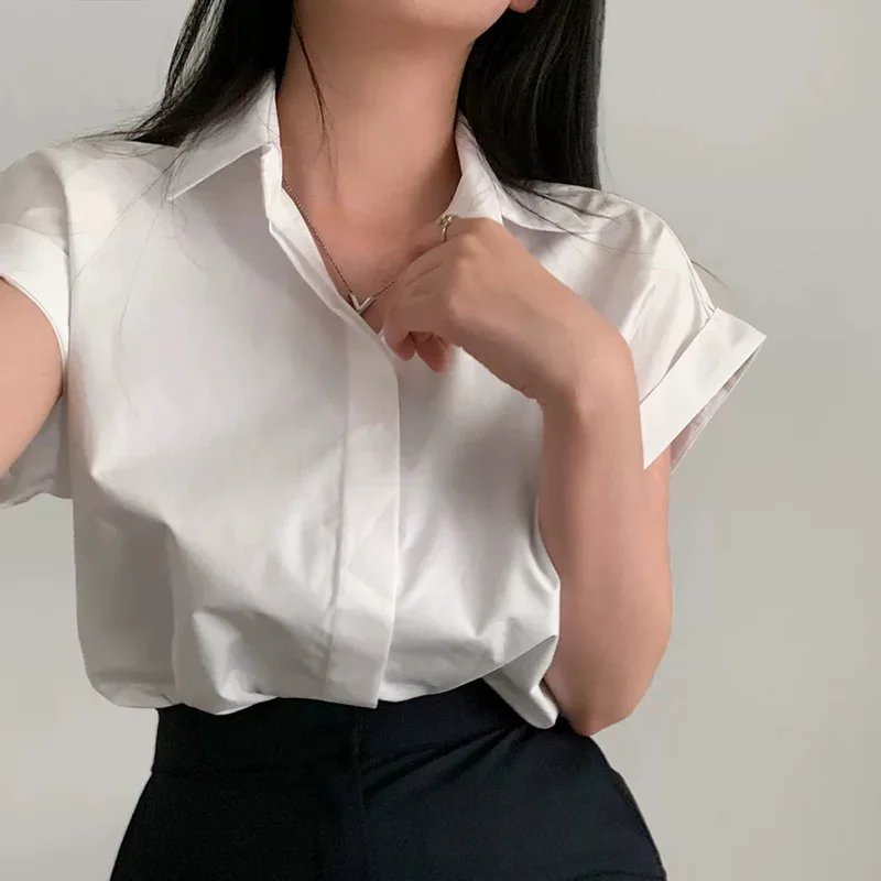 Woman Blouses Summer Solid Color Lapels Simple Shirt Fashion Versatile Rolled Short-sleeved Basic Shirt Top Female Loose Blouse