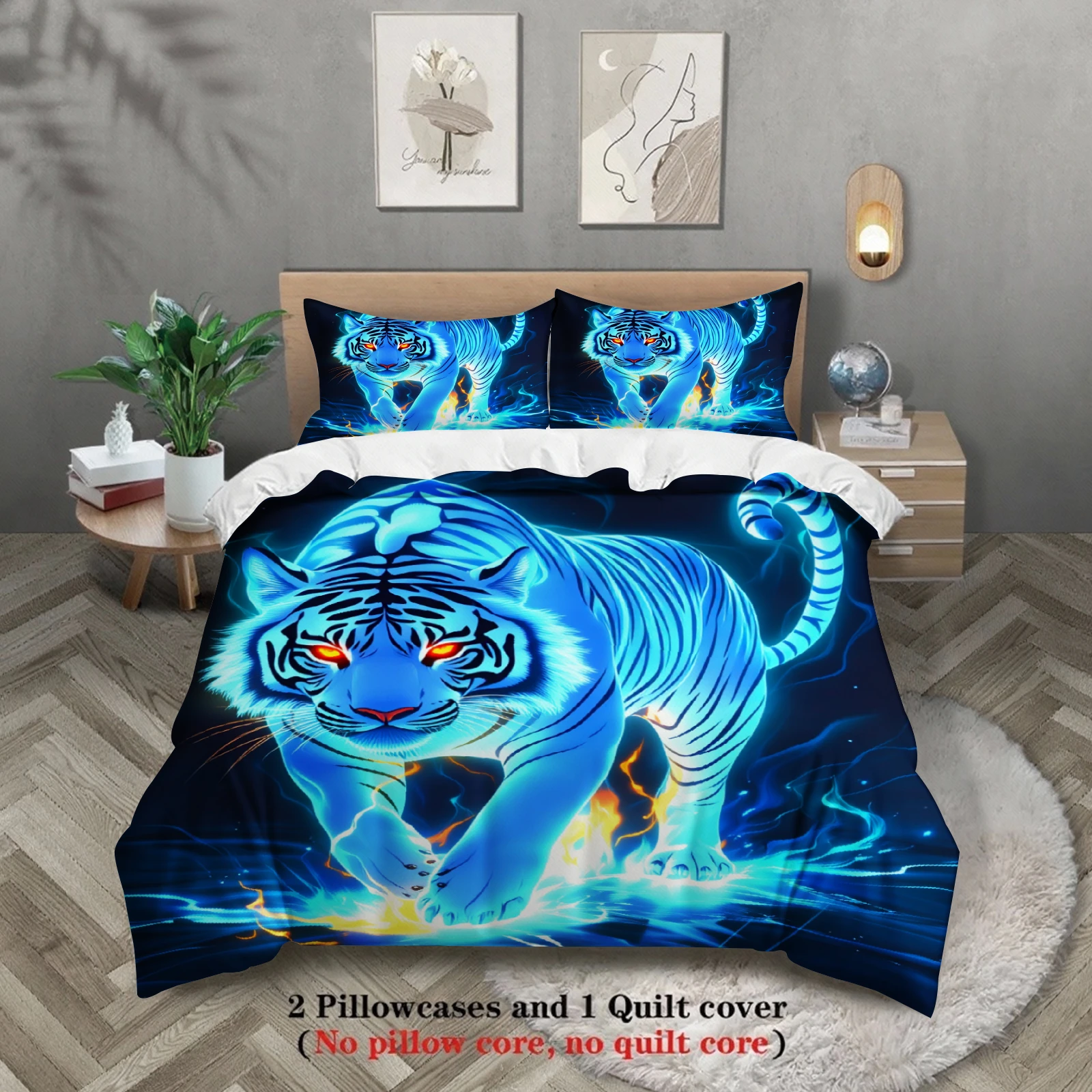 3pcs Tiger Bedding Sets 3D Printed Blue Flame Tiger Breathable Easy Care Duvet Cover Sets With Pillowcases No Filling