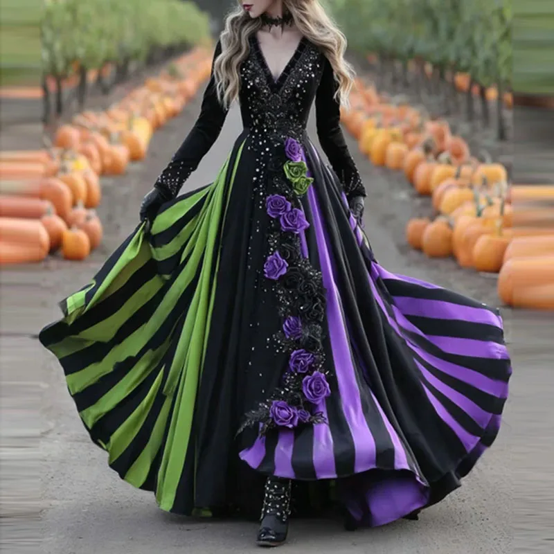 Kostium na Halloween Damski Seksowny Dekolt w Serek Wysoki Stan Długa Sukienka Retro Kwiatowy Wzór Łączona w Paski Sukienka na Imprezę Jesienna Sukienka Maxi typu Swing