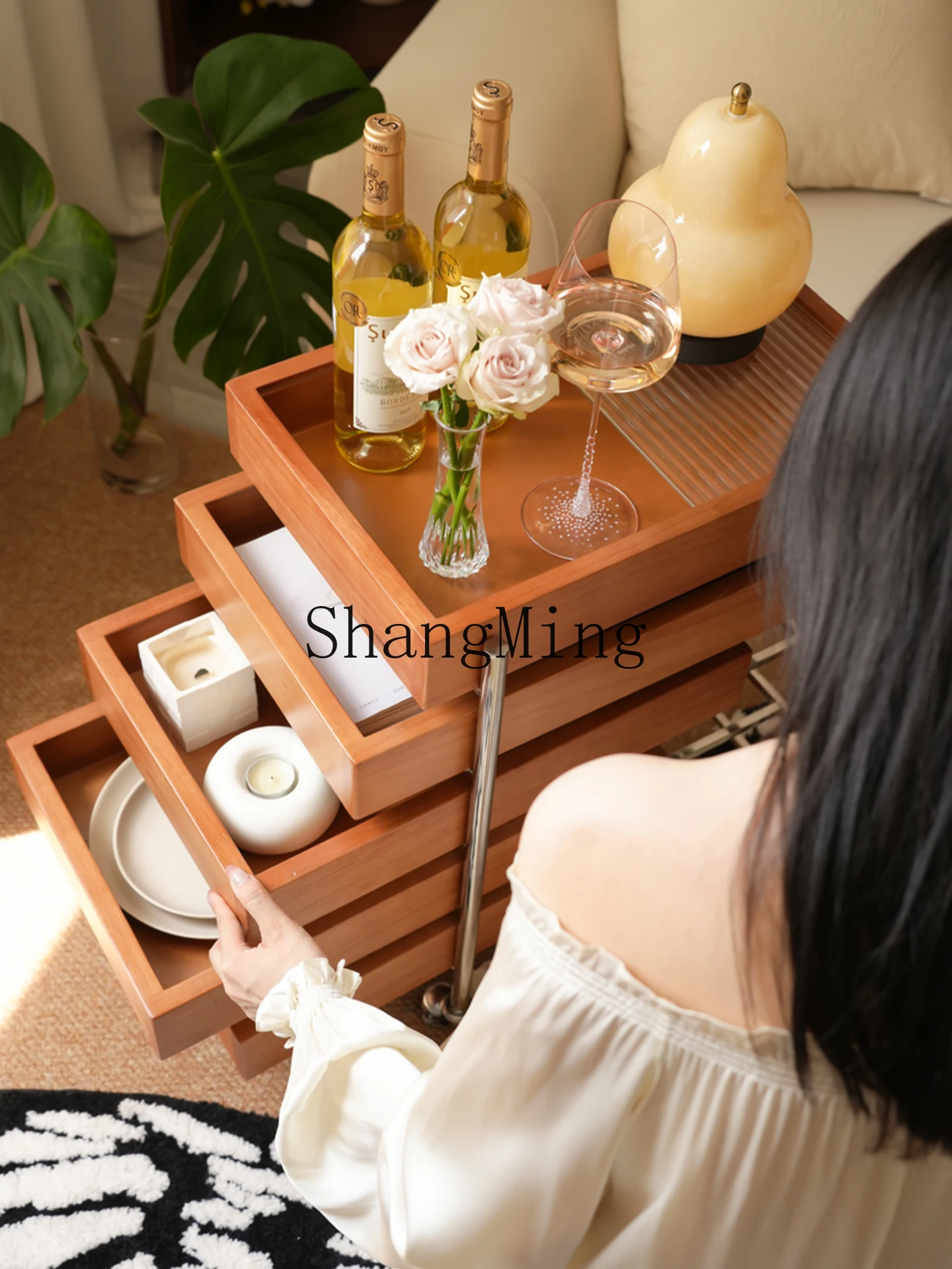 

HJ medieval solid wood sofa edge several household movable trolley drawer rack bedside storage