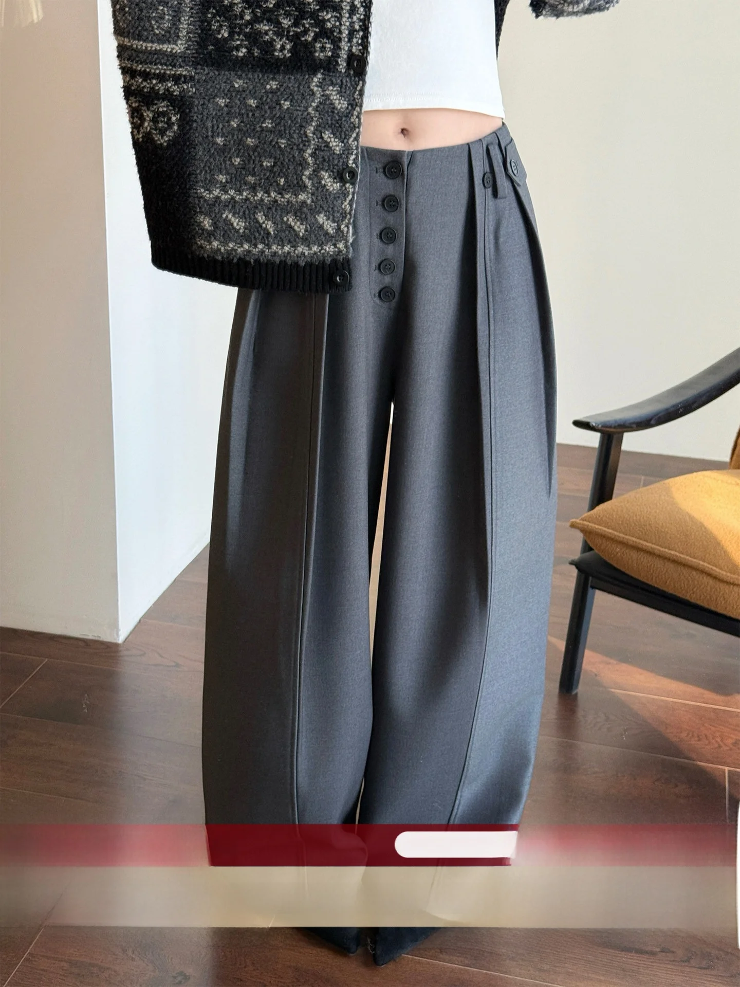 

Брюки WANGER с высокой талией, широкими штанинами, в полоску, с регулируемым поясом, повседневные, свободного кроя, с двойными складками и пятью пуговицами