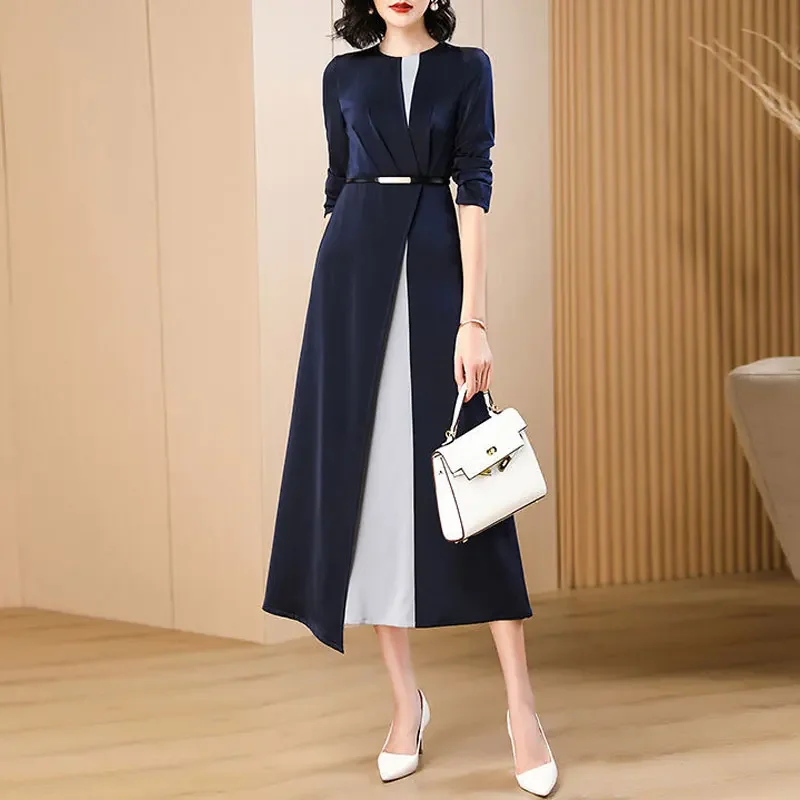 

Lady Solid Color Patchwork Long Dress Spring Autumn Women's Clothing A-Line Sashes Fashion Asymmetrical O-Neck Dresses E4312