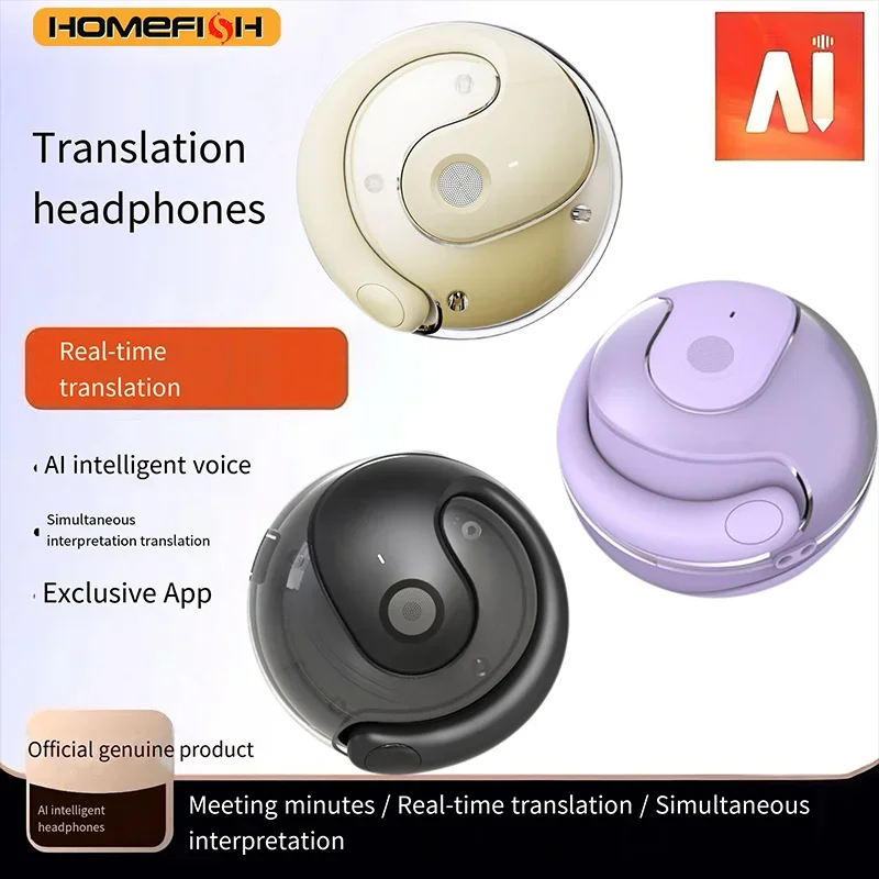 HOMEFISH Nuevos Auriculares Inalámbricos de Traducción con Diseño Abierto, Bluetooth 5.4, Traductor IA en Tiempo Real, Auriculares Deportivos con Micrófono