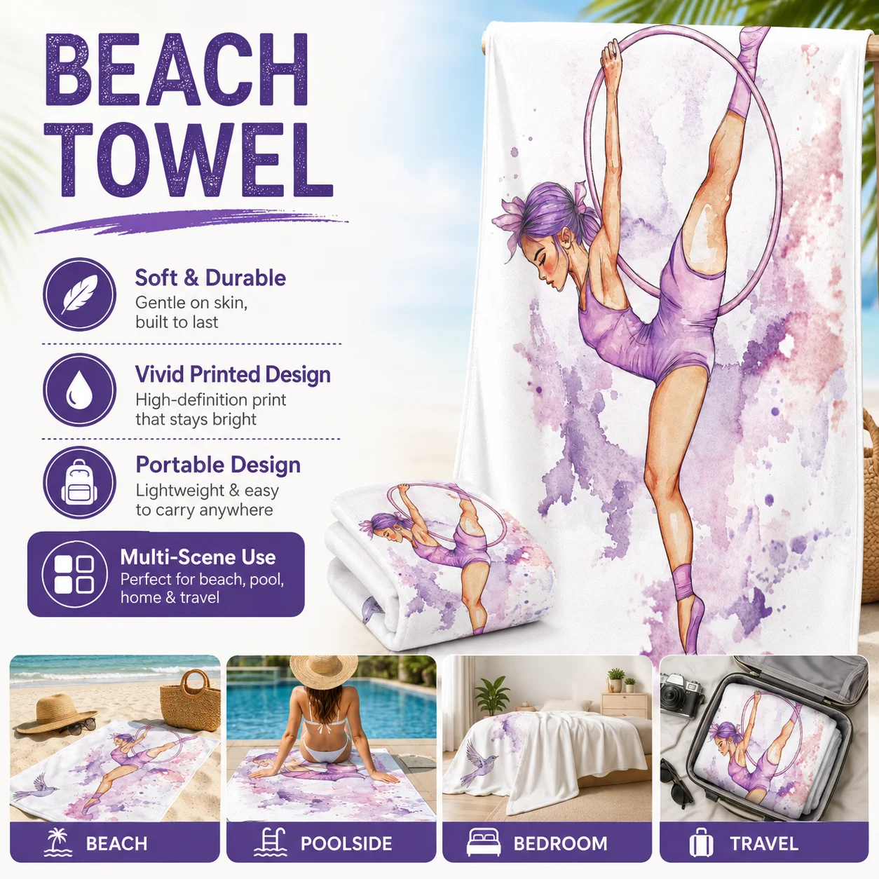 Toalla de Playa con Estampado de Gimnasta de Gimnasia Rítmica en Acuarela, Toalla de Baño de Microfibra de Secado Rápido y Suave con Aro Morado, Ideal para Regalo