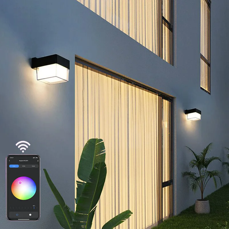 9W Smart LED Outdoor Wall Light Fixture RGBW Color Change Cell Phone APP Control Stepless Dimmable Lamp Gatepost Stairway Black