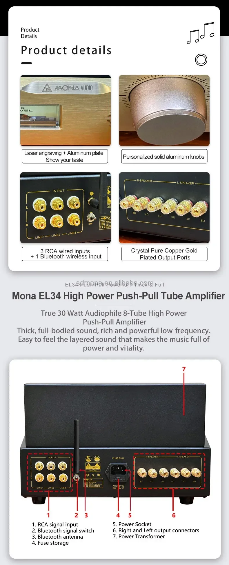MONA Professional Hi-Fi Home Power Amplifier 30W*2 EL34 Push-Pull Connectivity Mini Stereo Stage Application 110/220v