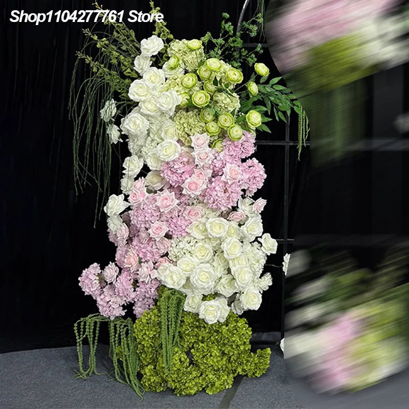 Grün-rosa-weiße Hortensien-Rosen-KT-Platten-Hängepflanze, Hochzeits-Hintergrunddekoration, Blumenarrangement, Event-Requisiten, Bodenblume für den Gang. – Detail 4