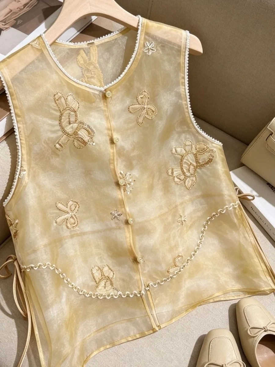 New 2026 Spring Summer Embroidered Bead Thin Shawl Chinese Style National Trend Jacket Women's Slim Fit round Neck Polyester ...