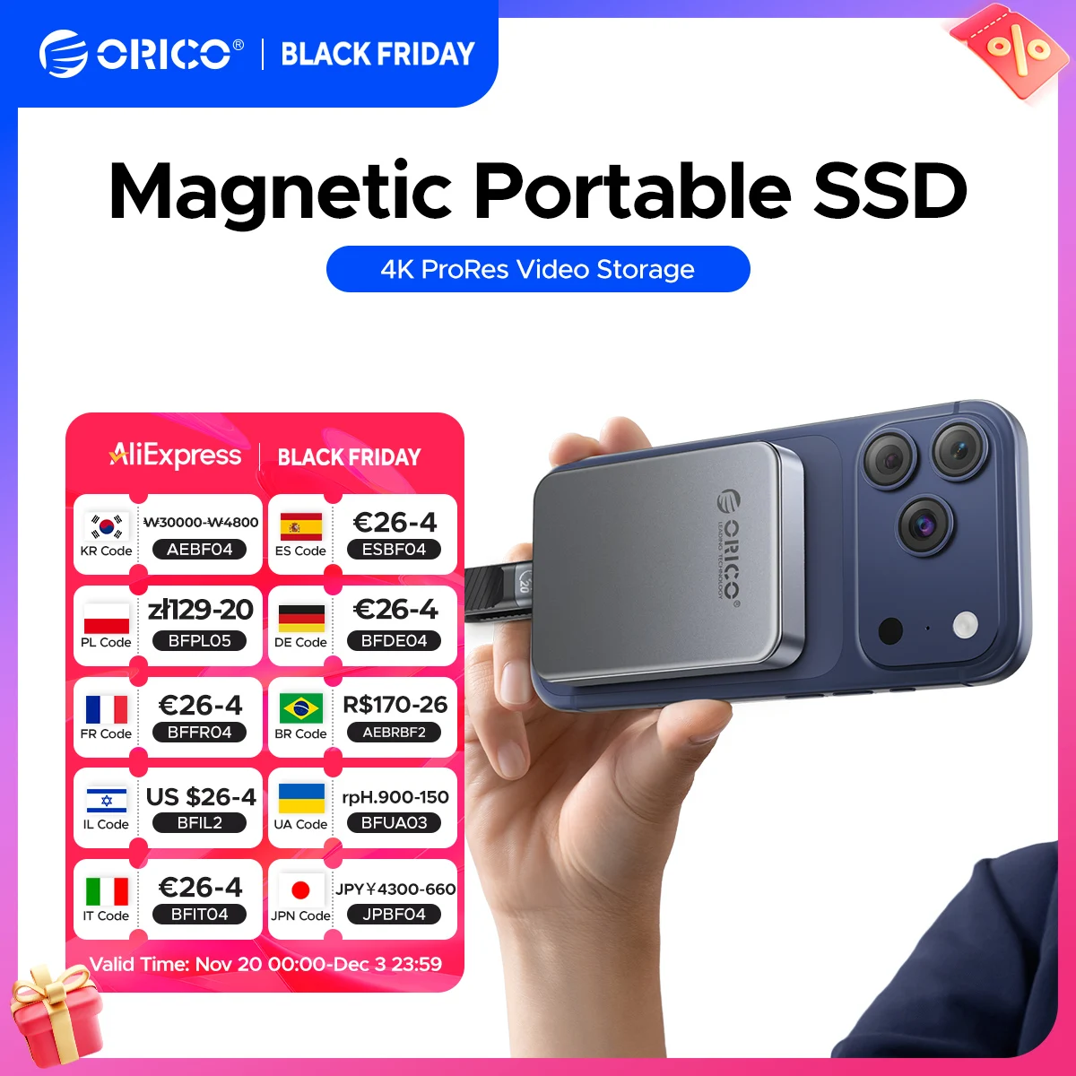 

ORICO Магнитный портативный твердотельный накопитель 4K 120 кадров в секунду ProRes HDR для записи и хранения, до 460 МБ/с для iPhone 15 16 Pro Max Портативный твердотельный накопитель