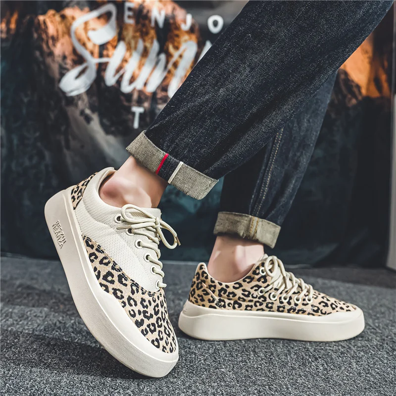 Fashion Trendy Leopard Platform Sneakers Men Chunky Canvas Shoes Men\'s Casual Sneaker Breathable Designer Skateboard Shoes Man