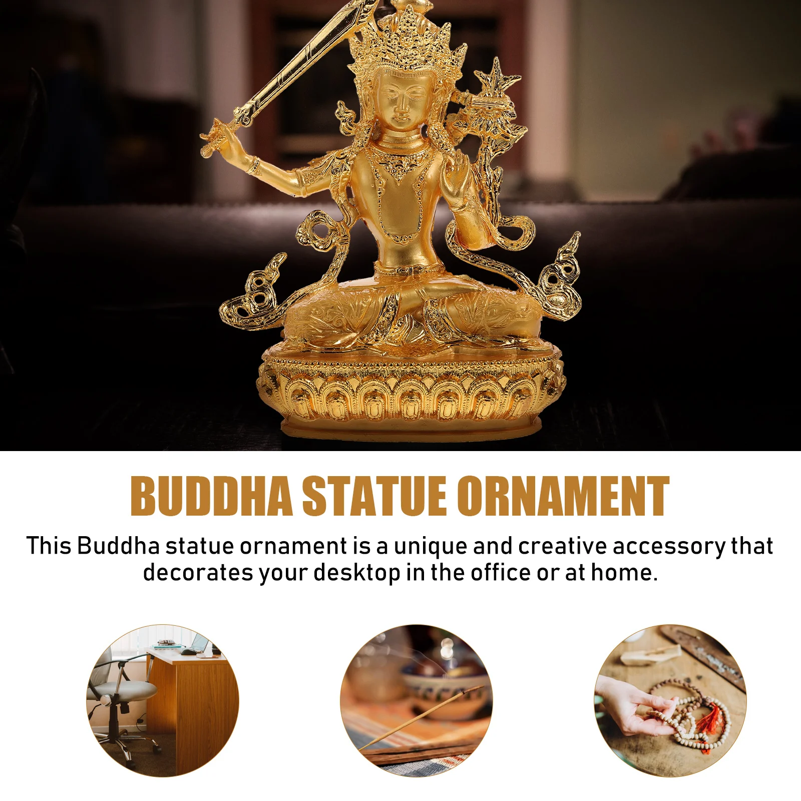 

Gilded Manjushri Buddha Statue Decorative Sculpture Desktop Office Lucky Ornament Figurine Small Size Easy to