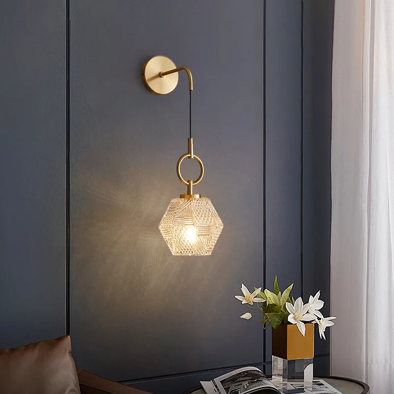 

Полностью медный настенный светильник, роскошный стеклянный современный простой небольшой подвесной настенный светильник для гостиной, светильник для коридора отеля, прикроватная тумбочка для прохода