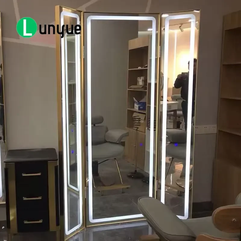 Furniture Barber Shop Mirror with LED Light Full Body Three-sided Floor Mirror Station for Hairdresser Beauty