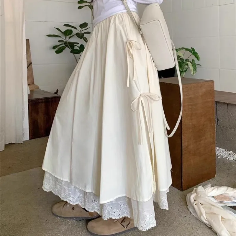 French lace splicing skirt women's high waist A-shaped long skirt