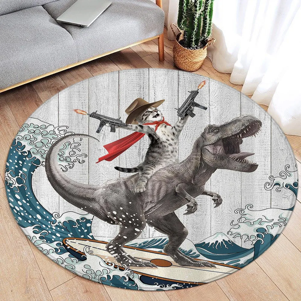 Funny Cat Riding Dinosaur Round Carpet Sea Waves Stars Cartoon Animals Modern Home Living Room Decor Children Bedroom Floor Rugs