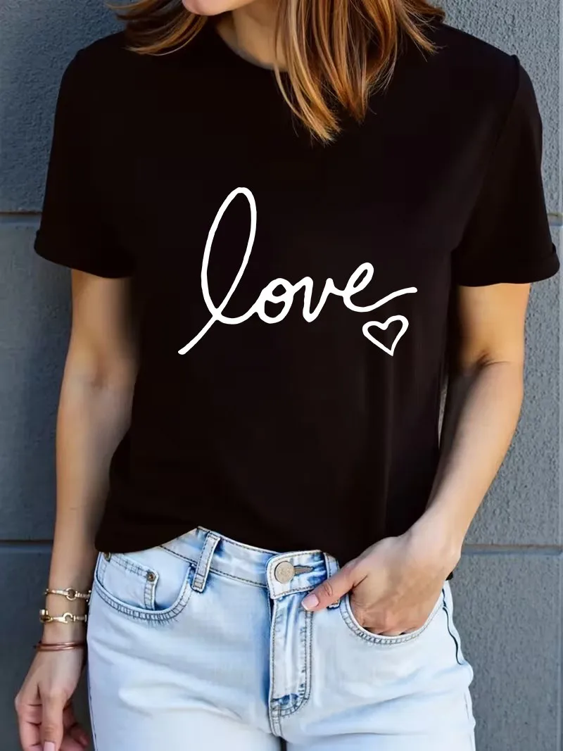 Modisches Damen-T-Shirt mit Kurzen Ärmeln und Rundhalsausschnitt, Lässiger Herz-Print, Frühlings-/Sommer-Top, Grafik-Shirt für Frauen und Mädchen