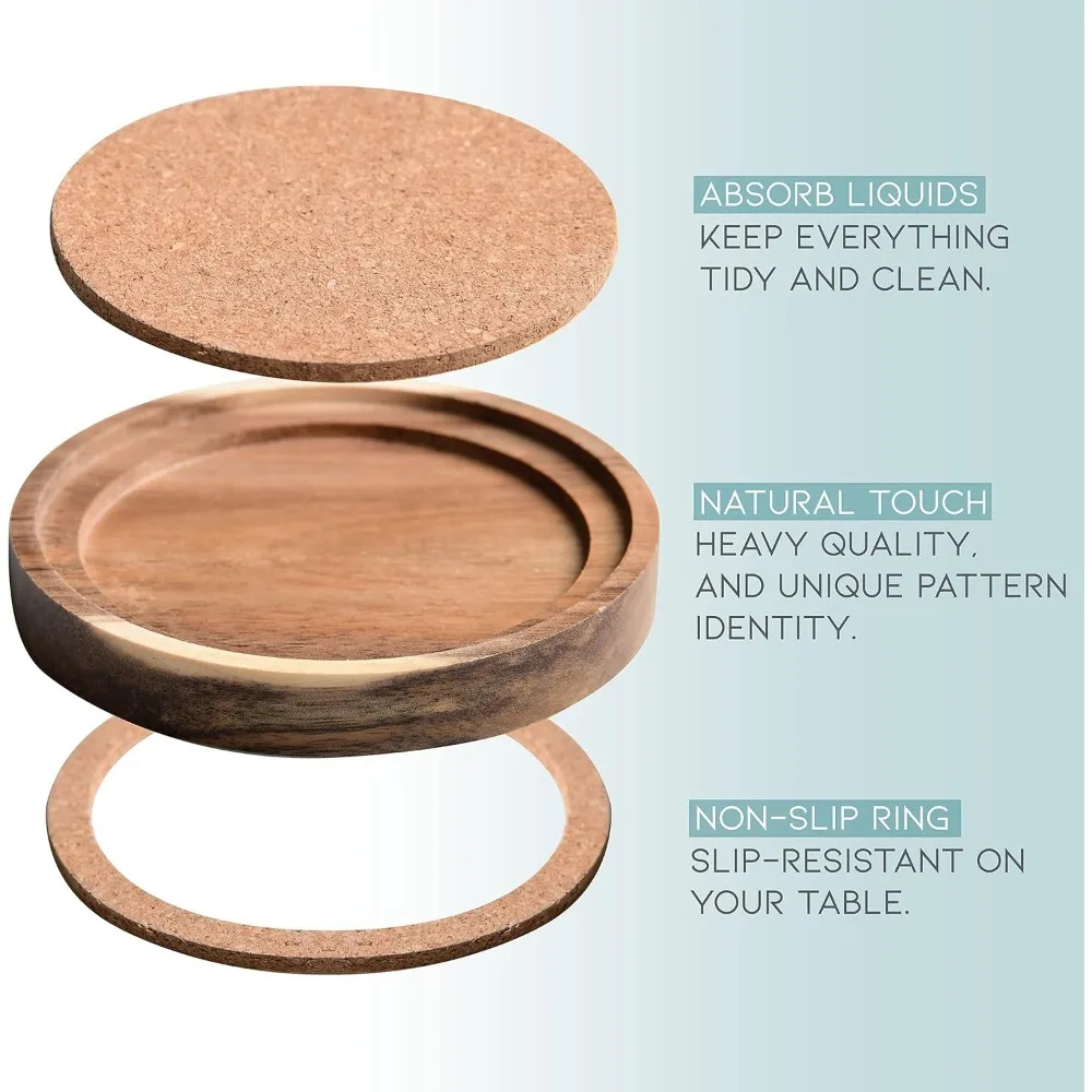 Podstawki pod napoje z drewna akacjowego, 10,5 cm, zestaw 6 sztuk, chłonne i izolacyjne korkowe podstawki do kubków, rustykalne podstawki pod w