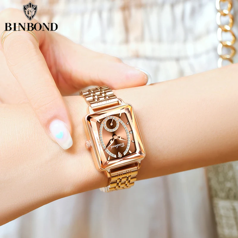 BINBOND Luxury Advanced Feeling Elegant Business Lady Quartz Watches Stainless Steel Band Waterproof Fashion Casual Lady Watches