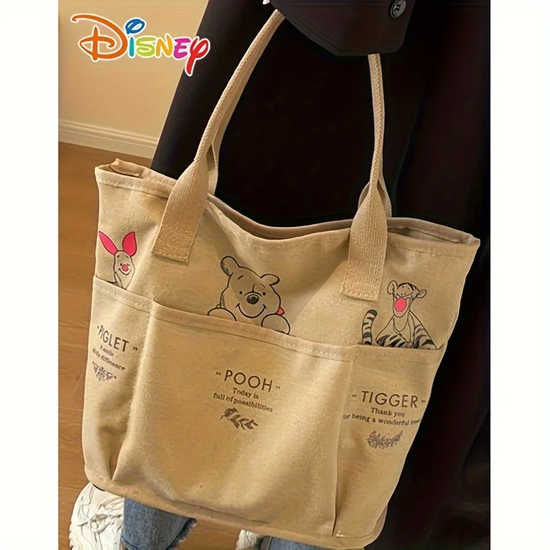 Disney Winnie The Pooh Printed Canvas Tote Bag Retro Shoulder Bag Large Capacity Multi Pocket Light Handbag Student Commuter Bag