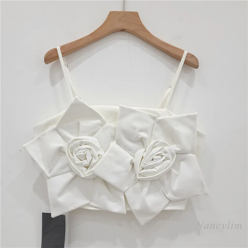 Sexy Three-Dimensional Flower Slim Fit Spaghetti Straps Tube Top Women Inner Match Camisole Travel Vacation Seaside Crop Top