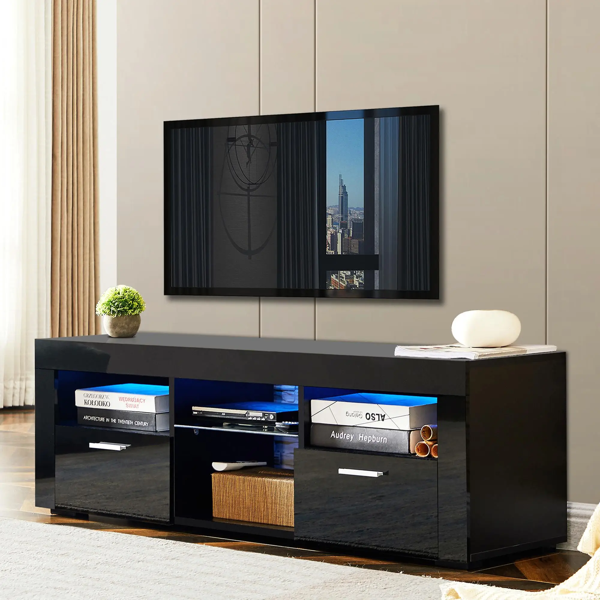 Modern Black TV Stand with Lights - High Glossy Front Cabinet for Living Room, Lounge, or Bedroom