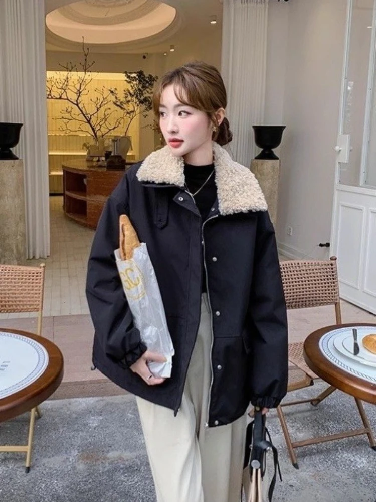 

Женская парка-пуховик с воротником из овечьей шерсти, осень-зима 202, новая повседневная рабочая одежда, утепленное модное пальто-пуховик