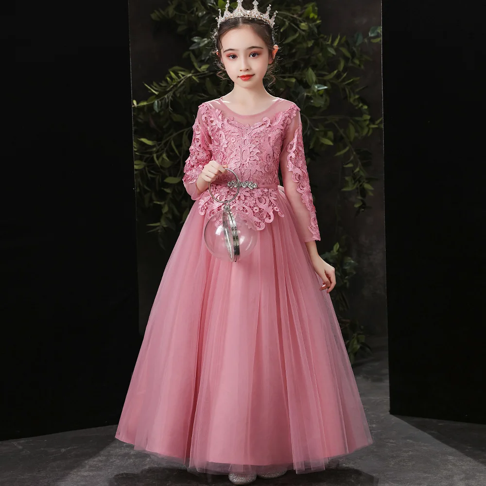 ELBCOS 6-14T Kid Girls Embroidery Solid Color Long Sleeve Beading Bow Belt Straight Skirt Costumes Evening Full Layered Dress