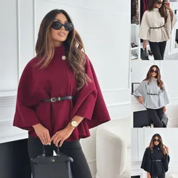 Women's Jacket Coats High Neck Single Button Bell Sleeve Jacket Belted Flowy Cape Female Clothing Spring Fall Women Casual Coats