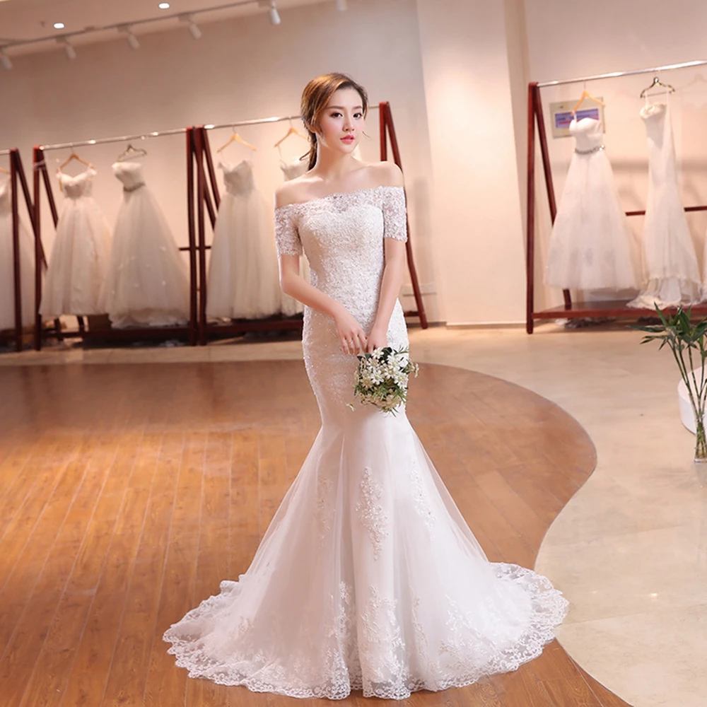 Lace Wedding Dress Boat Neck Appliques Beading Mermaid Bridal Dresses Lace Wedding Gown with Short Sleeves customized