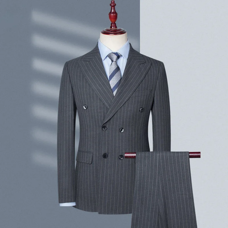 

ZX200British style double-breasted suit for men with peaked lapels, formal striped suit, full set for men, groom wedding dress