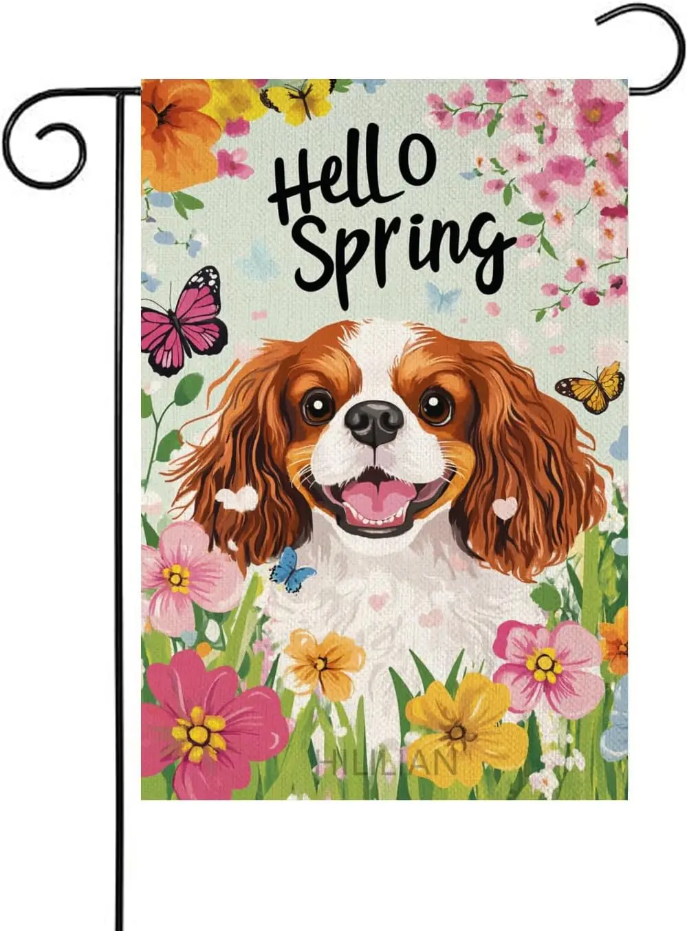 Hello Spring Cavalier-King-Charles Spaniel Garden Flag 12x18 Double Sided,Colorful Spring Floral Butterfly Garden Yard Flags LLO