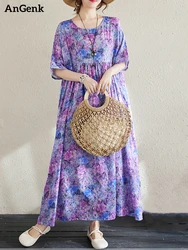 Cotton Short Sleeve Purple Print Vintage Long Dresses For Women 2026 Summer Casual Loose Dress Femme Vestidos Elegant Clothing