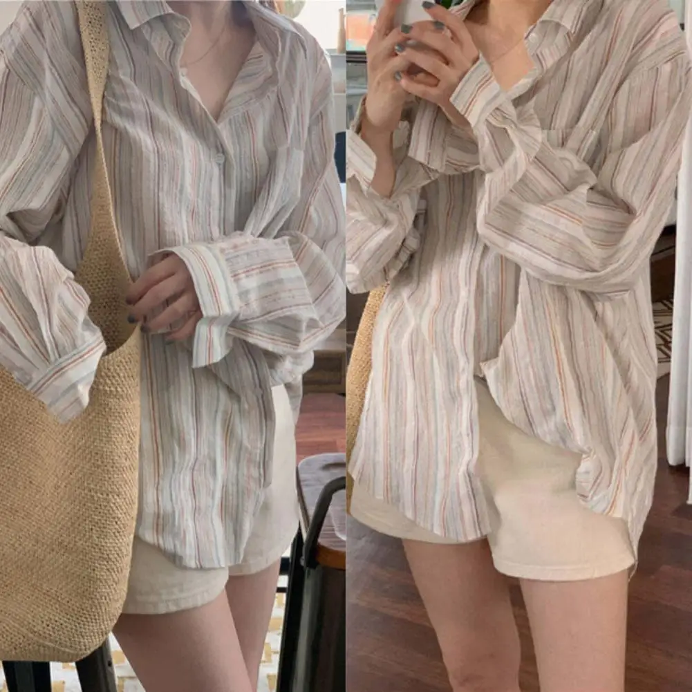 Women Regular Fit Shirt Retro-inspired Women's Shirt Color-blocked Stripes Patch Pocket Single Breasted Style Single Breasted