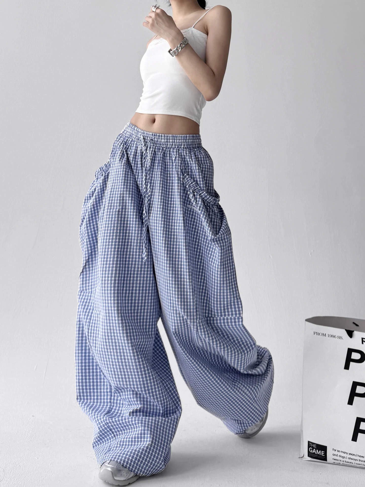 レトロアメリカンチェック柄ワイドレッグカジュアルパンツ レディース 夏新作 ルーズBF風 ラジースタイル エレニフパンツ ハイウエストストレートレッグ