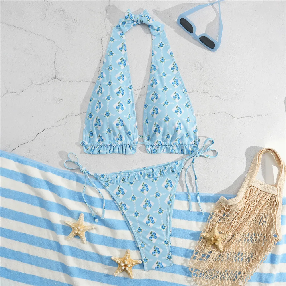 

Light Blue Floral Print Halter Bikinis Sets Micro Thong Sexy Swimsuit Women 2026 Ruffled Edge Swimwear Bathing Suit Bikini Mujer