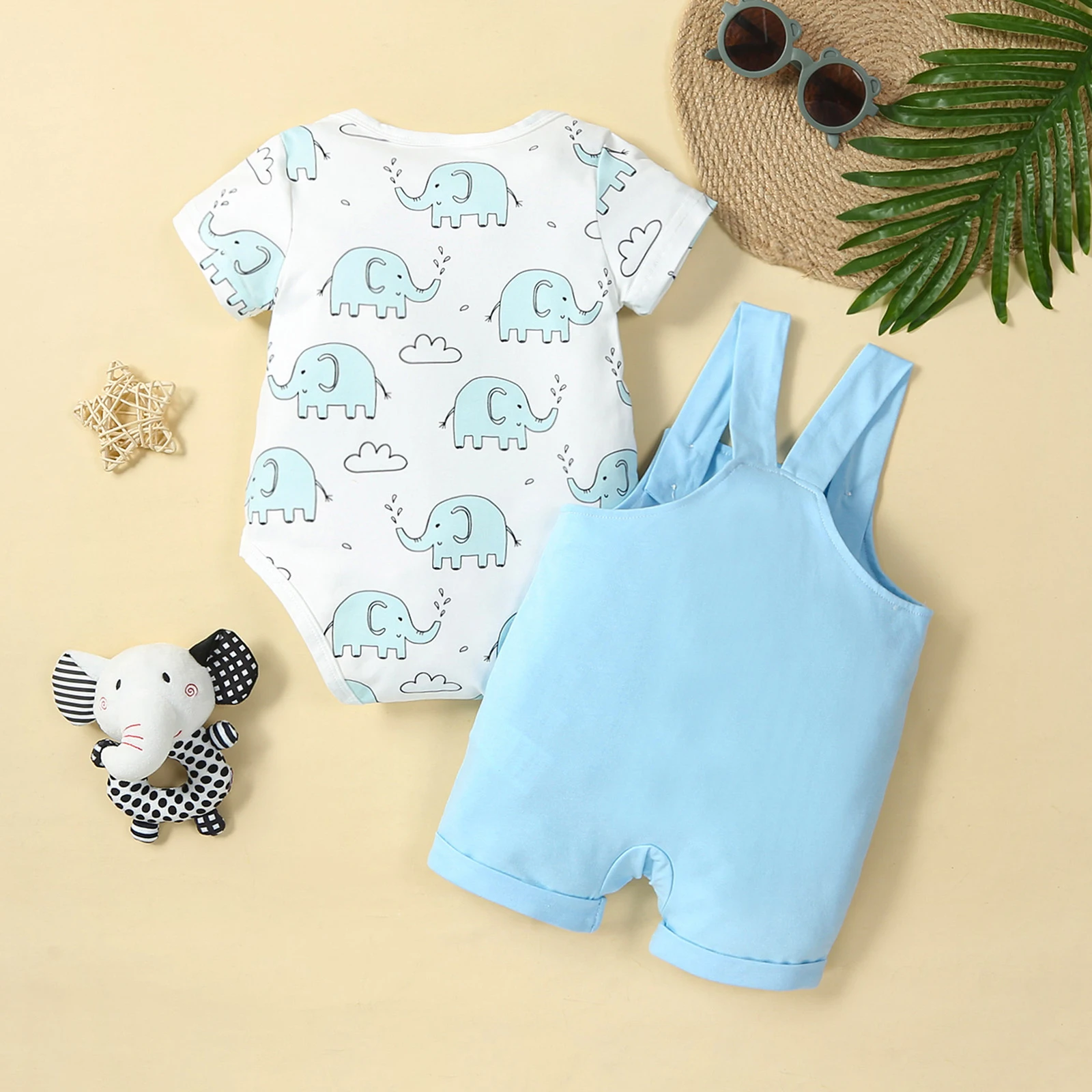 Baby Boys Casual Cartoon Elephant Print Romper & Solid Bib Pants 2Pcs Set 2023 Summer Infant Newborn Clothing