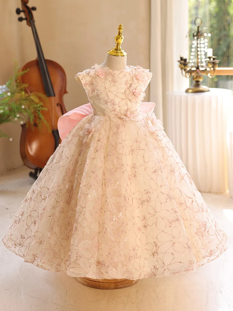 3-12-yrs Girl 's first birthday party fluffy mesh Sleeveless dresses bow Flower Girl Sequin luxury wedding tulle long dress