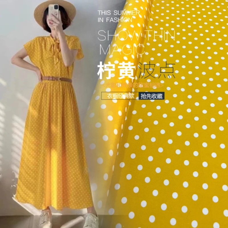 Silk Crepe Fabric Spring Summer Mulberry Silks Crepe De Chine Material Lemon Yellow Polka Dot Pattern Dress Shirt Drape Fabrics