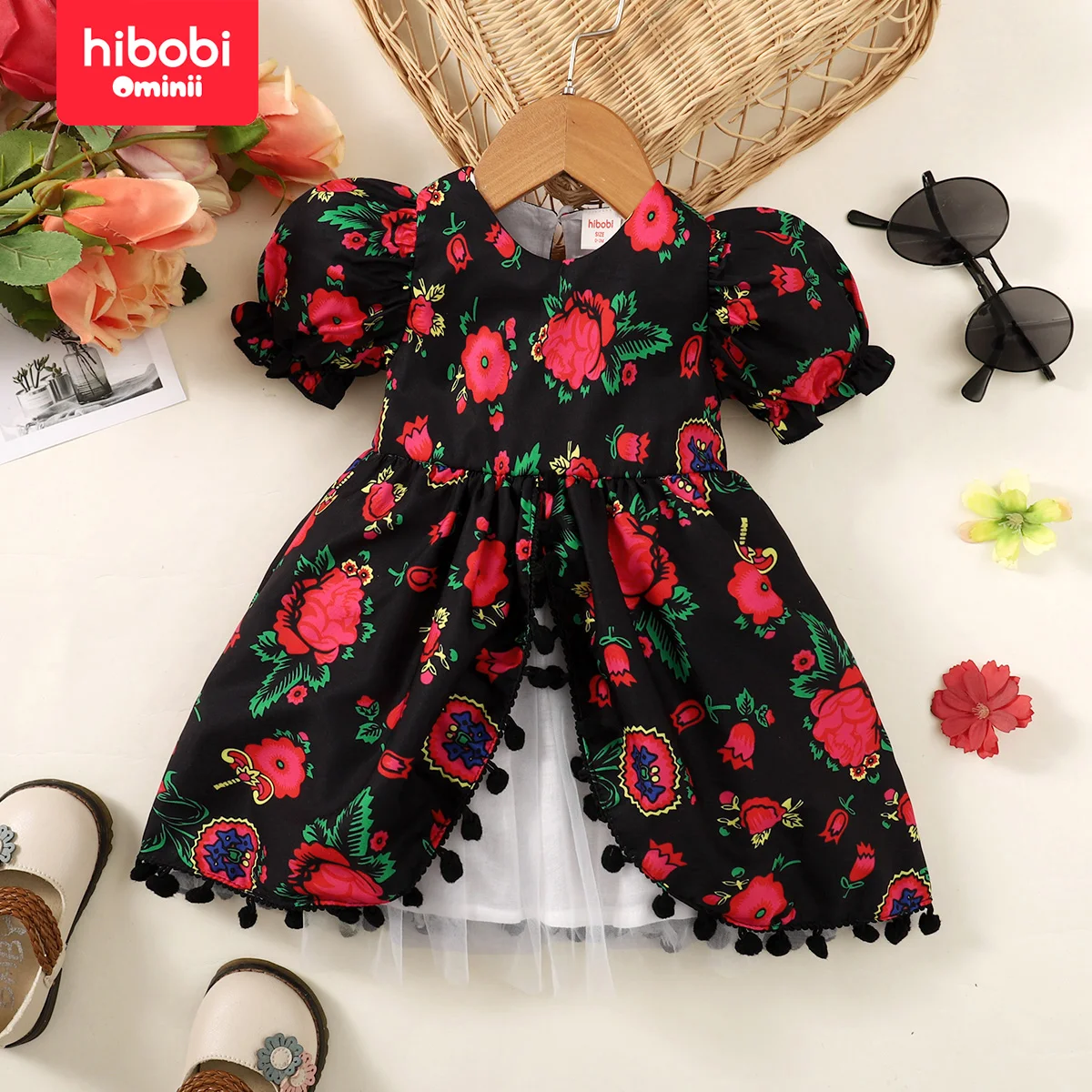 hibobi Spring Baby Girl Allover Rose Printed Round Neck Mesh Patchwork Short Puff Sleeve Dress For Babies 0-24 Months Old