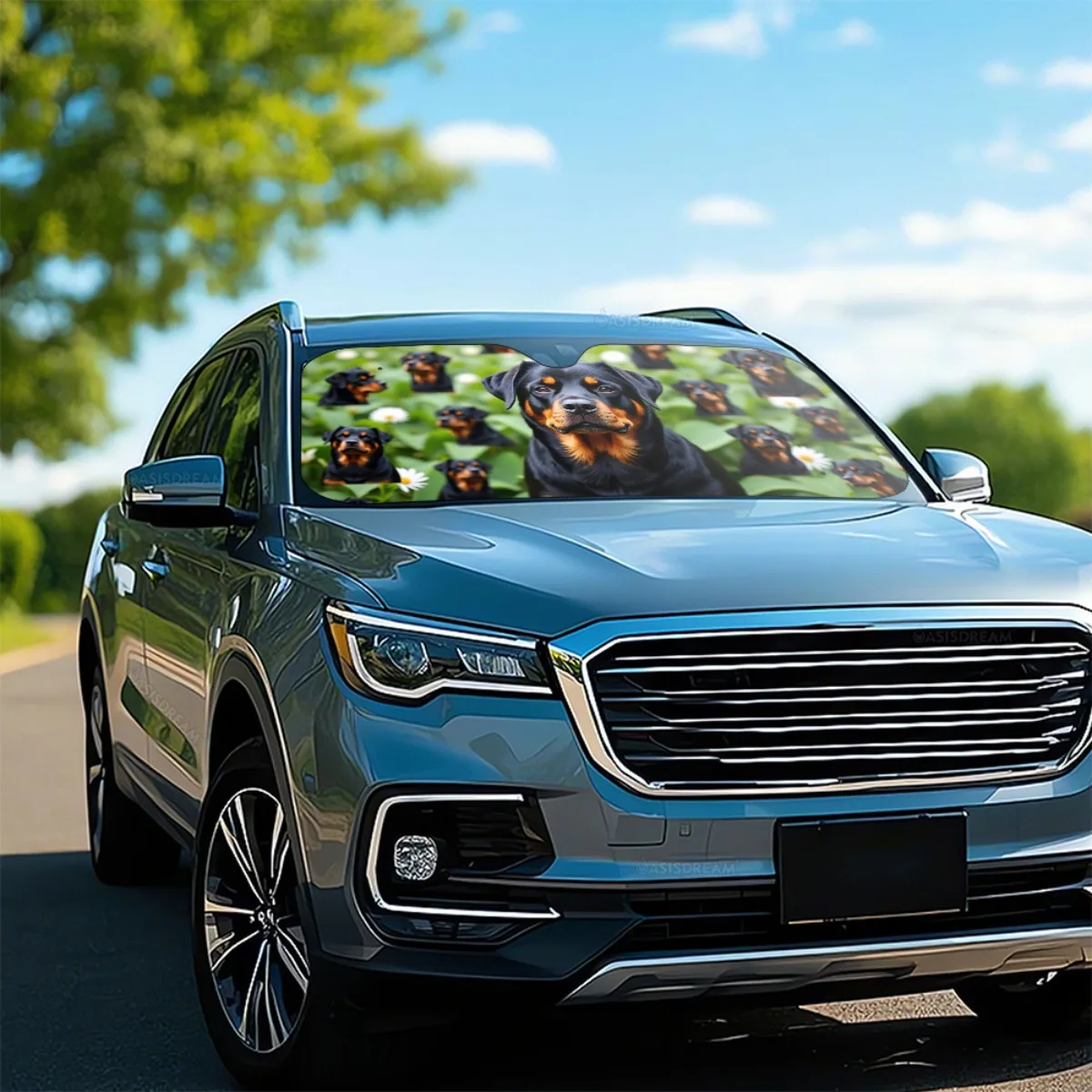 قطعة واحدة من مظلة السيارة WILDLAVIE Rottweiler وطبعة زهور - غطاء زجاج أمامي مقاس 57 بوصة × 27.5 بوصة مع 4 أكواب شفط مجانية، حماية متينة من الأشعة فوق البنفسجية #5