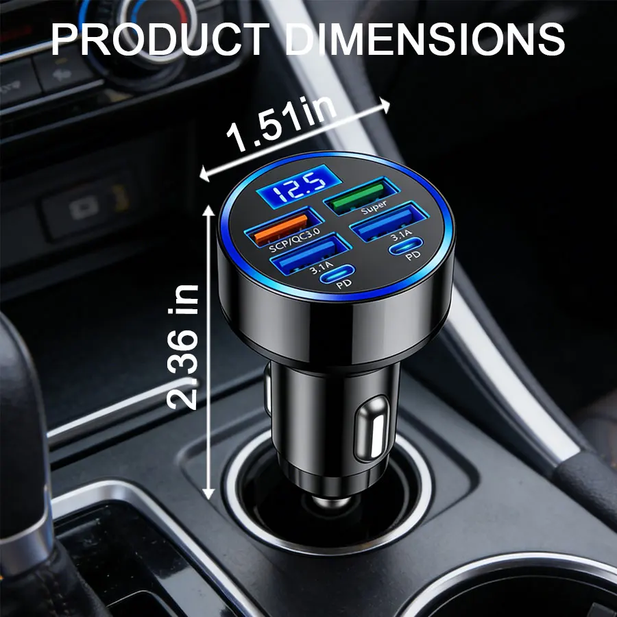 

Автомобильное зарядное устройство USB-C на 6 портов — адаптер быстрой зарядки с LED-дисплеем напряжения для устройств iPhone, Samsung и Android